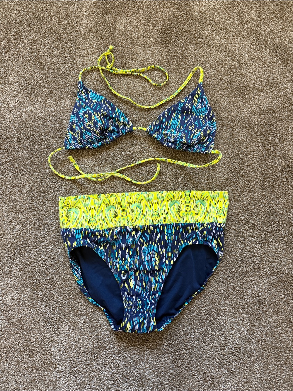 Soma Blue & Yellow Bikini Set - Triangle Top & High Waist Bottom small